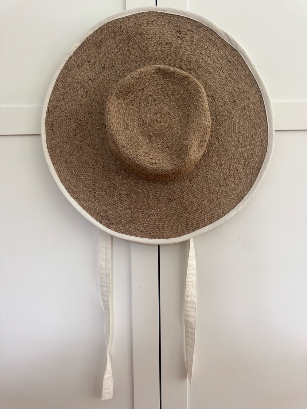 Wide Brim Brown Straw Sun Hat with White Chin Ties
